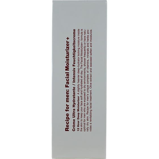 Recipe for men Facial Moisturizer+ fugtgivende ansigtscreme i grå papæske med detaljeret produkttekst
