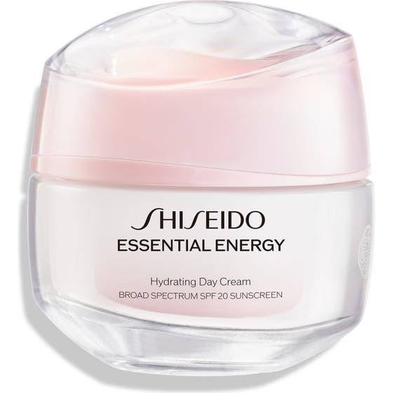 Shiseido Essential Energy 50ml dagkräm med spf 20 och hyaluronsyra i en rund rosa glasburk med vågigt lock.