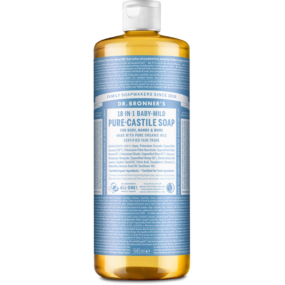 Produktfoto för Dr. Bronner's Pure Castile Liquid Soap Baby-Mild Unscented For Body, Hands & More - 945 ml