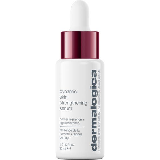 Dermalogica Dynamic Skin Strengthening Serum 30 ml styrkende serum i hvit flaske med burgunder krage og hvit pipette.