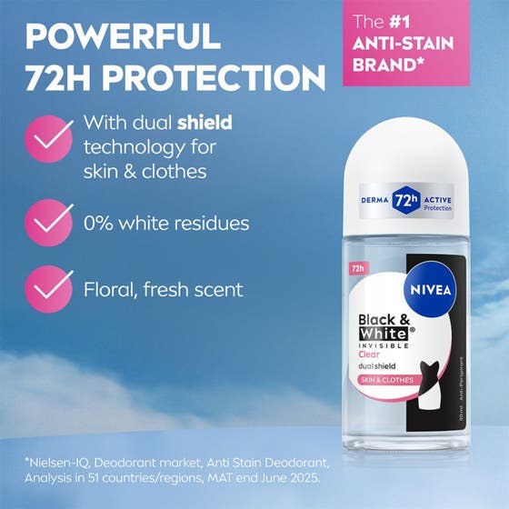 NIVEA Black & White Original 50 ml roll-on deodorant i glassflaske som motvirker hvite merker og gule flekker.