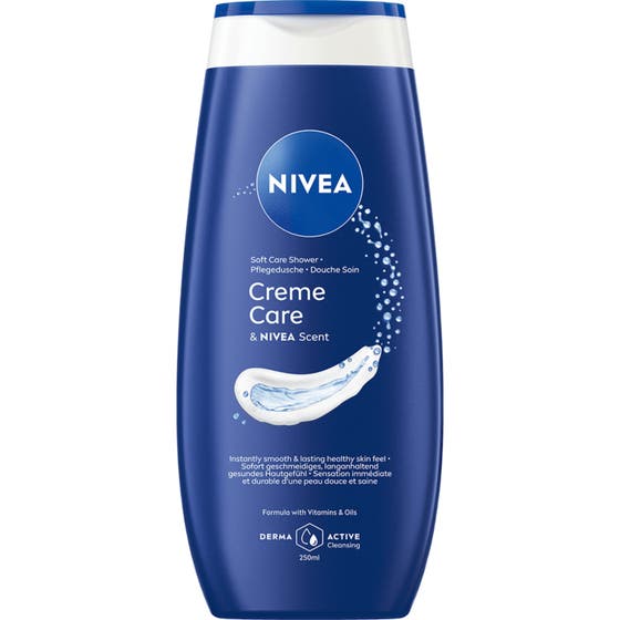 Nivea Creme Care Pure Care Shower 250 ml fuktighetsgivende dusjkrem i mørkeblå plastflaske med hvit kremgrafikk