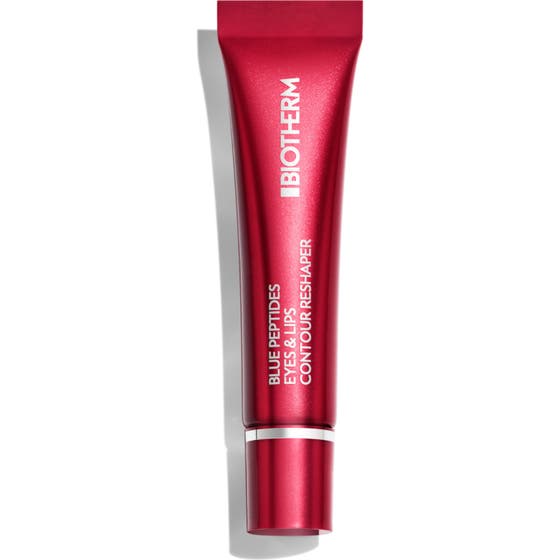 Biotherm Blue Peptides Eyes & Lips Contour Reshaper oppstrammende krem i rød metallic tube med sølvfarget kuleapplikator