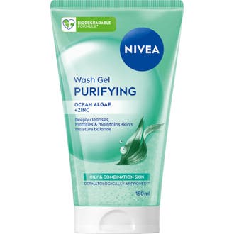 Nivea Purifying Wash Gel 150 ml djuprengörande ansiktstvätt med alger för kombinerad hy i ljusgrön tub