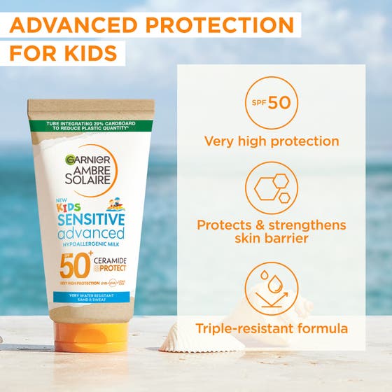 Garnier Ambre Solaire Sensitive Advanced Kids Lotion 175 ml solkräm spf50+ med Ceramide Protect för stärkt hudbarriär.