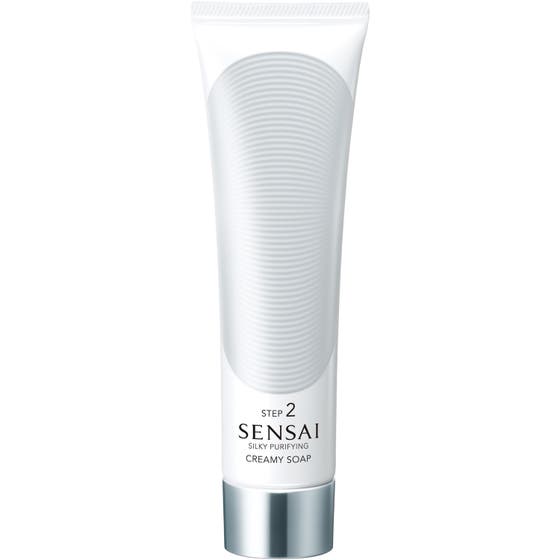 Sensai Silky Purifying Creamy Soap 125 ml rengörande ansiktstvål i vit tub med silverkork och räfflat mönster