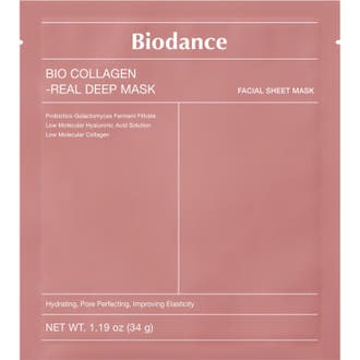 Biodance Bio Collagen Real Deep Mask 34 g återfuktande sheet mask i en rosa förpackning med vit text.