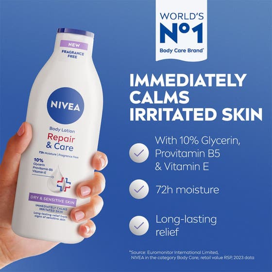 Nivea Repair & Care Fragrance Free Body Lotion 400 ml lugnande hudlotion i vit flaska som ger 72h fukt åt irriterad hud.