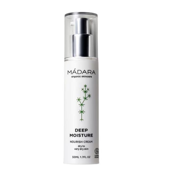 Mádara Deep Moisture Nourish Cream 50 ml kosteuttava kasvovoide valkoisessa pumppupullossa.