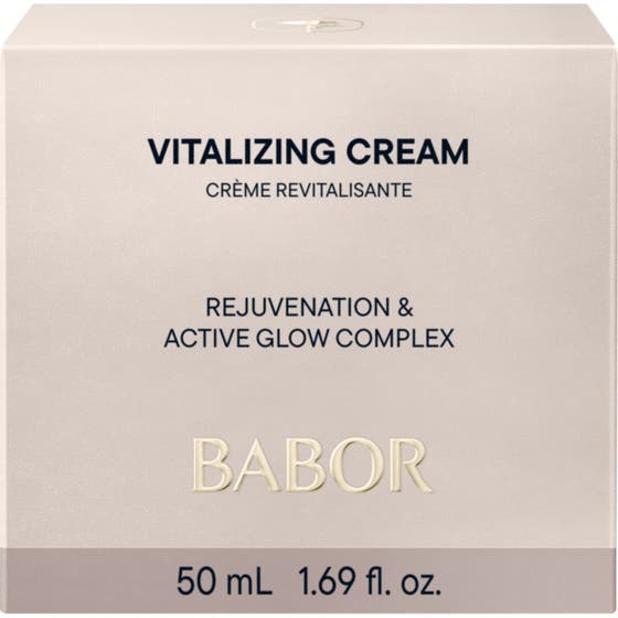 Babor Vitalizing Cream 50 ml kirkastava kasvovoide valkoisessa pahvipakkauksessa kultaisella etiketillä.