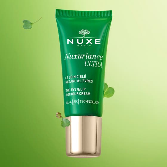 Nuxe Nuxuriance ULTRA 15 ml øyekrem og leppekrem i grønn tube med gulldetaljer og Alfa 3R-teknologi
