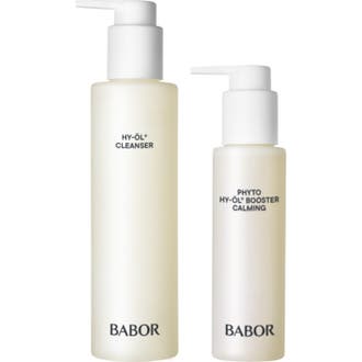 Babor HY-ÖL Cleanser ja Phyto Booster Calming rauhoittava puhdistussetti kahdessa valkoisessa huurteisessa pumppupullossa.