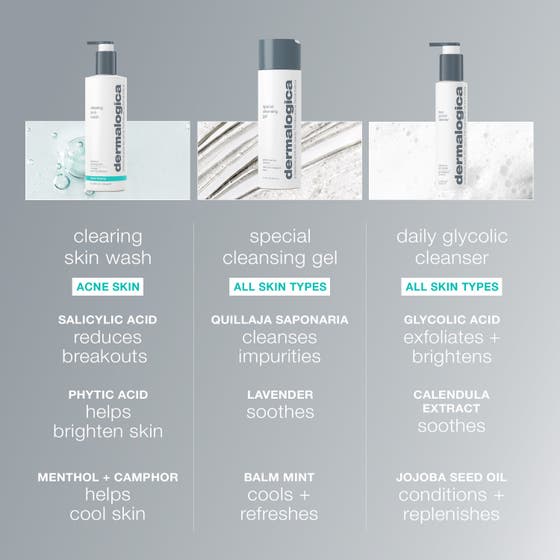 Dermalogica Clearing Skin Wash 500 ml ansiktsrens mot kviser som pumpes ut som en klar gel i en håndflate