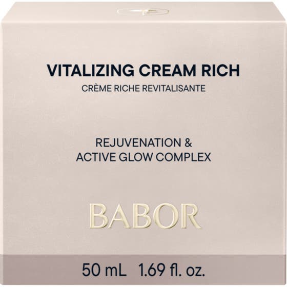 Babor Vitalizing Cream Rich 50 ml ansiktskrem som gir glød til trett hud i hvit eske med gulldetaljer.