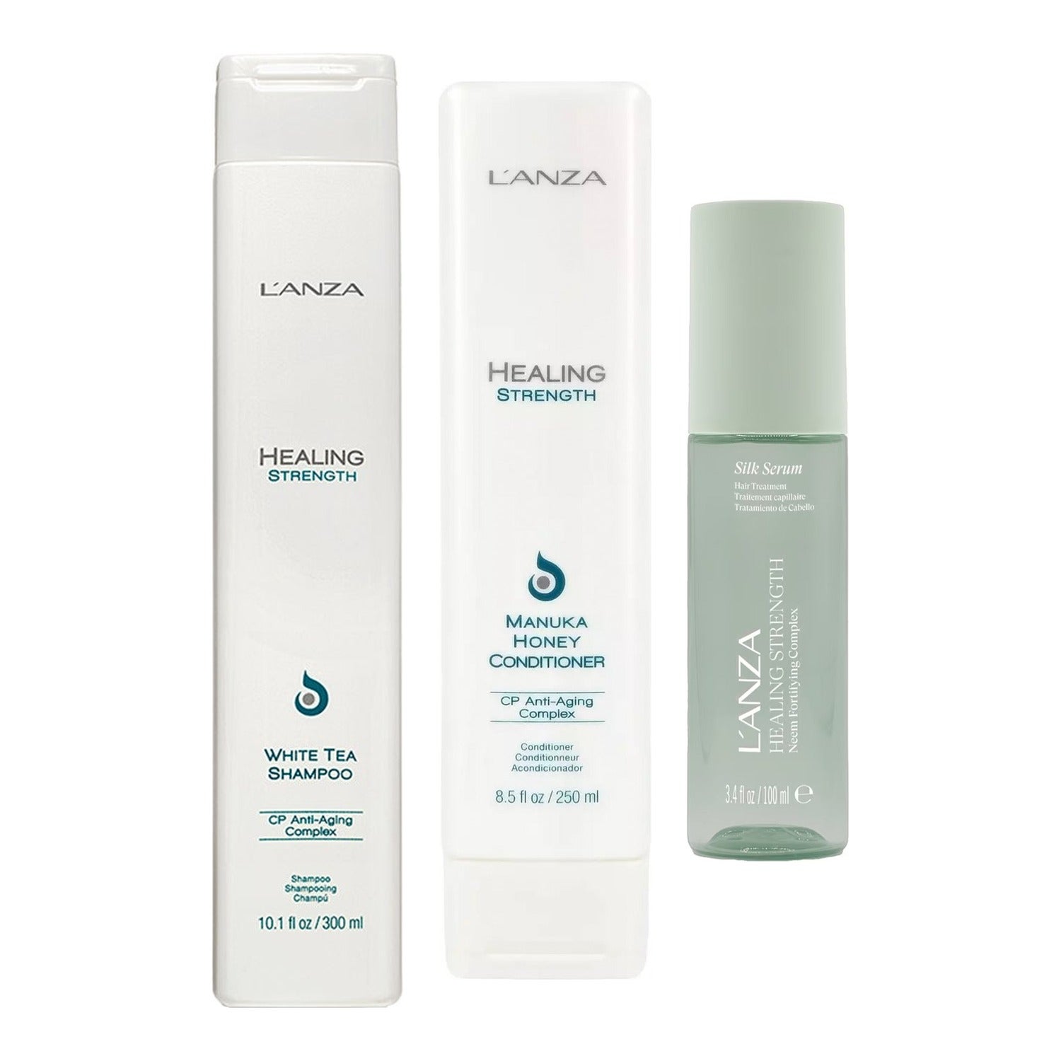 L'ANZA Healing Strenght Trio Shampoo 300ml, Conditioner 250ml, Silk Serum 100ml - 650 ml billede