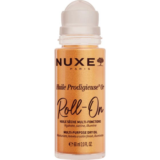 Nuxe Huile Prodigieuse Or Roll-On 60 ml glitrende tørrolje i transparent flaske med hvit roll-on-applikator som gir glød
