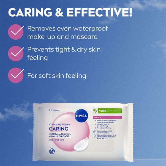 NIVEA Gentle Cleansing Wipes 25 stk sminkefjerner til tør hud i hvid pakke med lilla makeupstrøg
