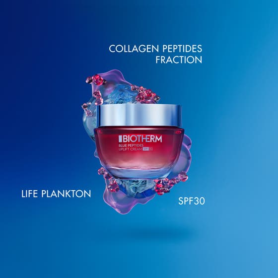 Biotherm Blue Peptides Uplift 50 ml kiinteyttävä kasvovoide esittää sinisiä ja punaisia mikroskooppisia peptidejä.