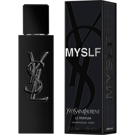 Yves Saint Laurent MYSLF Le Parfum 40 ml herreparfyme i matt sort flaske ved siden av sort eske