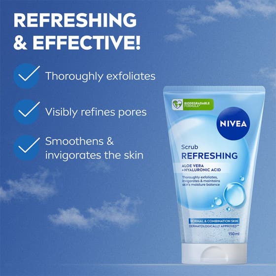 NIVEA Refreshing Exfoliating Scrub 150 ml med aloe vera i tub som förfinar porer och ger en jämn hud.