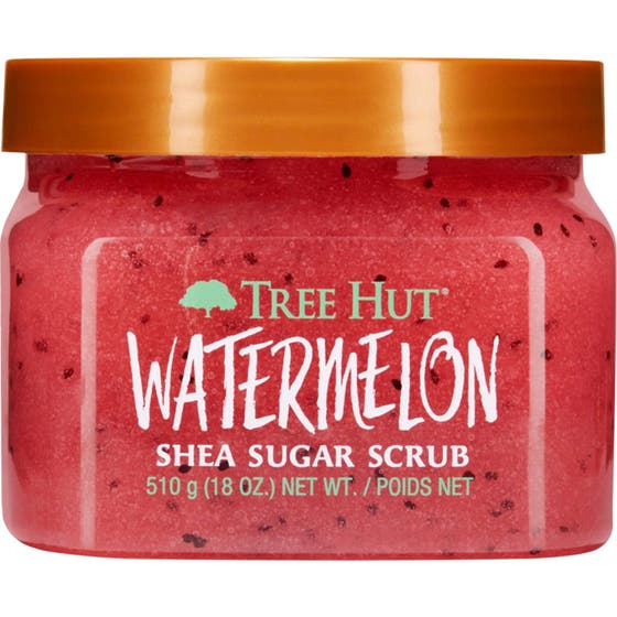 Tree Hut Watermelon Shea Sugar Scrub 510 g exfolierande vattenmelon body scrub ger lyster i klar burk med orange lock