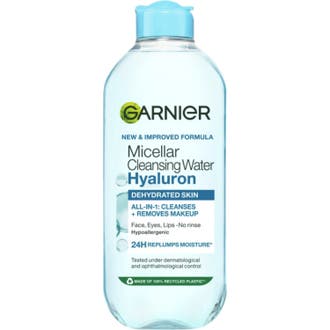 Garnier Micellar Aloe Water 400 ml puhdistusvesi kirkkaassa muovipullossa, jossa on turkoosi korkki.