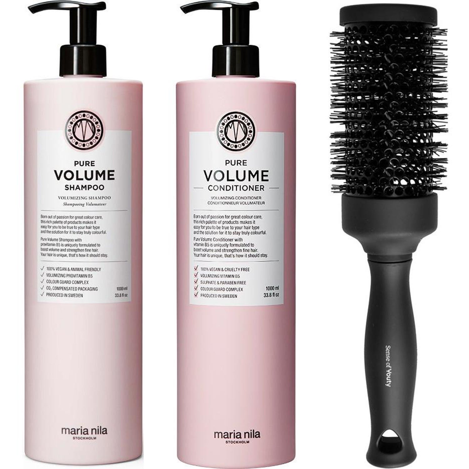 Maria Nila Pure Volume Ritual Set Shampoo 1000 ml, Conditioner 1000 ml & Blowout Brush billede