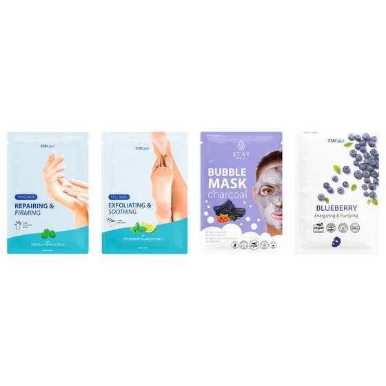 Stay Well Maskset 4 st mjukgörande hudvård i färgglada förpackningar med motiv av blåbär, lime, händer och ansikte.