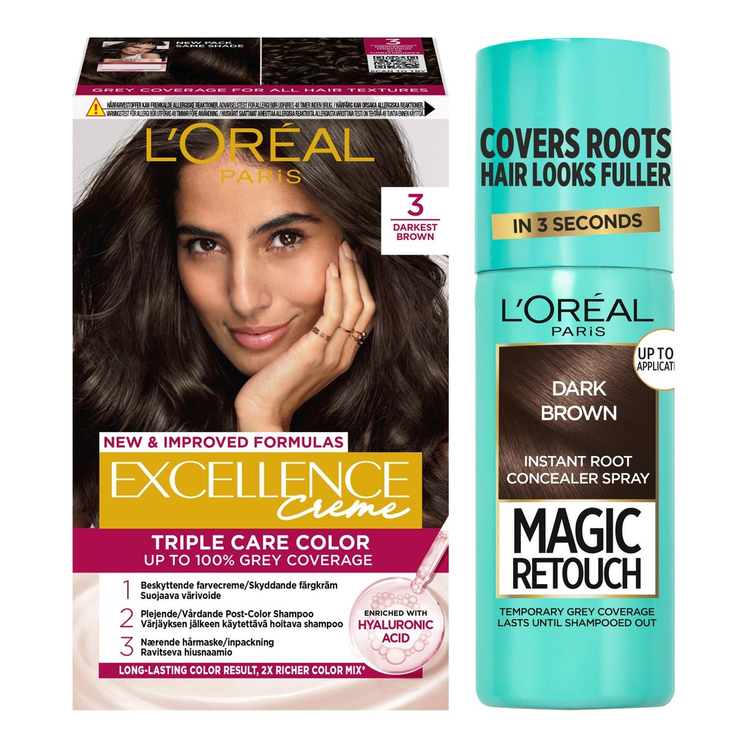 L'Oréal Paris Excellence Excellence 3 Darkest Brown + Magic Retouch Roots 2 Dark Brown billede