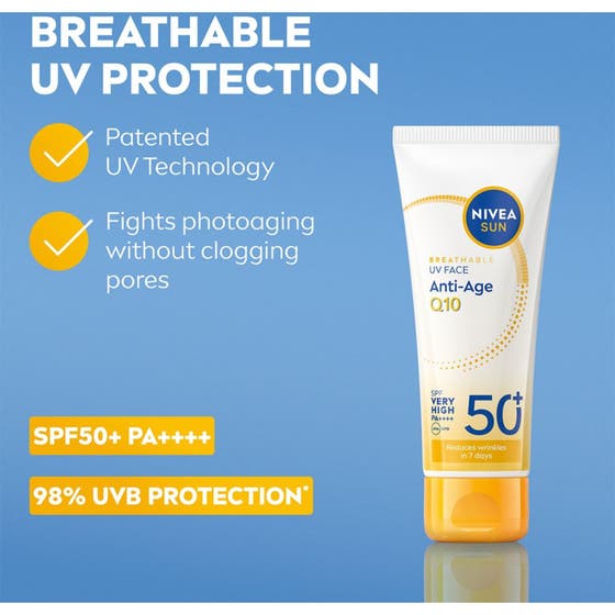 NIVEA UV Face Anti-Age Q10 40 ml solkräm för ansiktet med SPF 50 på blå bakgrund med text om UV-skydd.