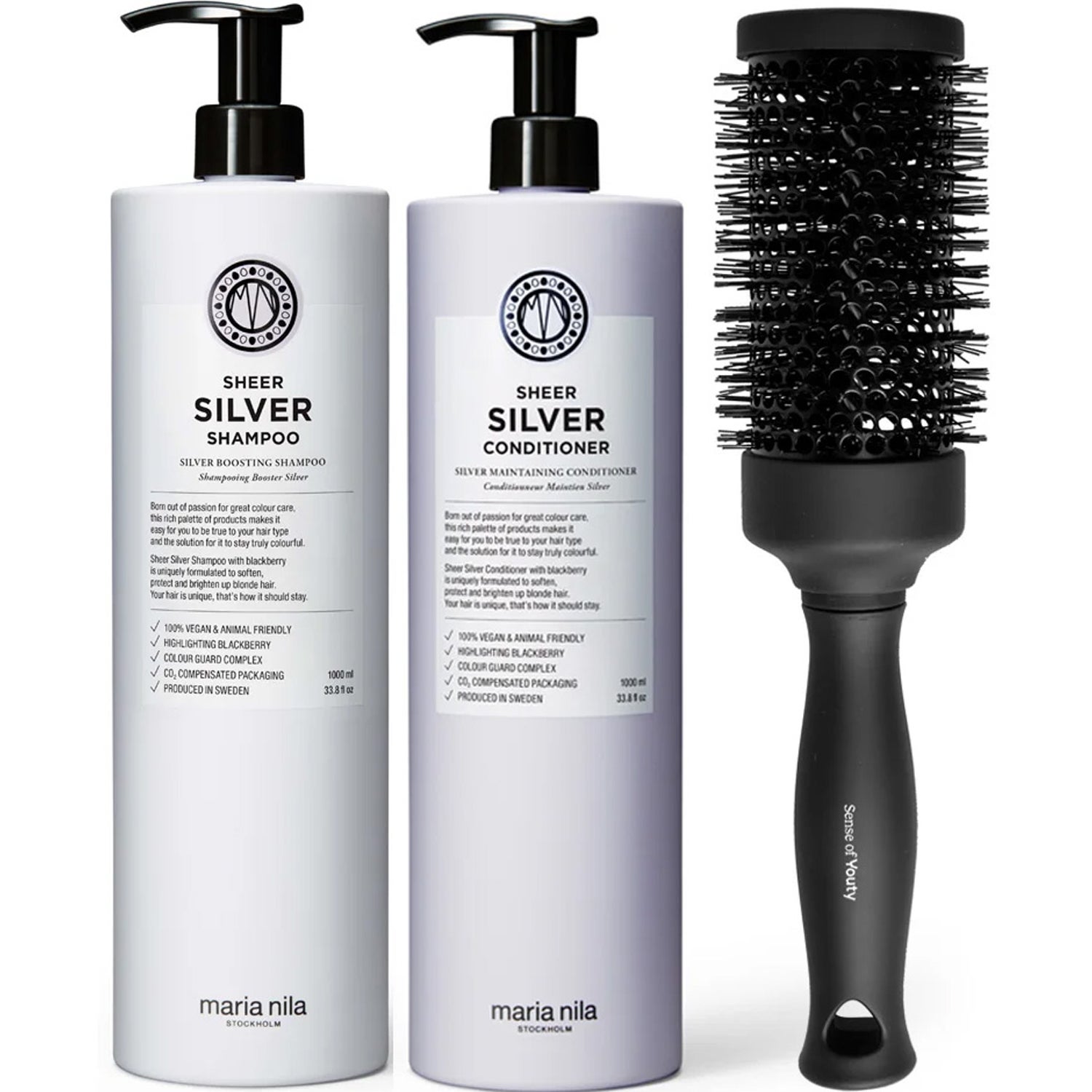 Maria Nila Sheer Silver Set Shampoo 1000ml, Conditioner 1000ml & Blowout Brush - 2000 ml