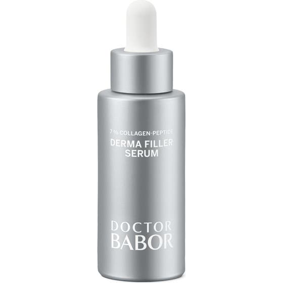 Doctor Babor Derma Filler Serum oppstrammende ansiktsserum med kollagenpeptider i matt sølvfarget flaske med pipette