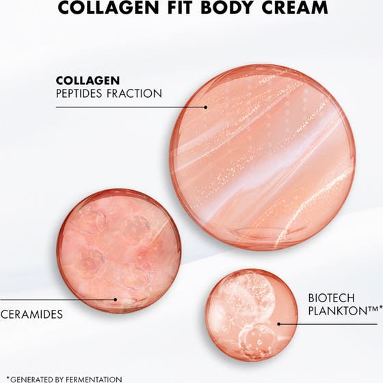 Biotherm Collagen Fit Body Cream 200 ml kroppskrem med kollagen og ceramider vist som rosa teksturerte dråper
