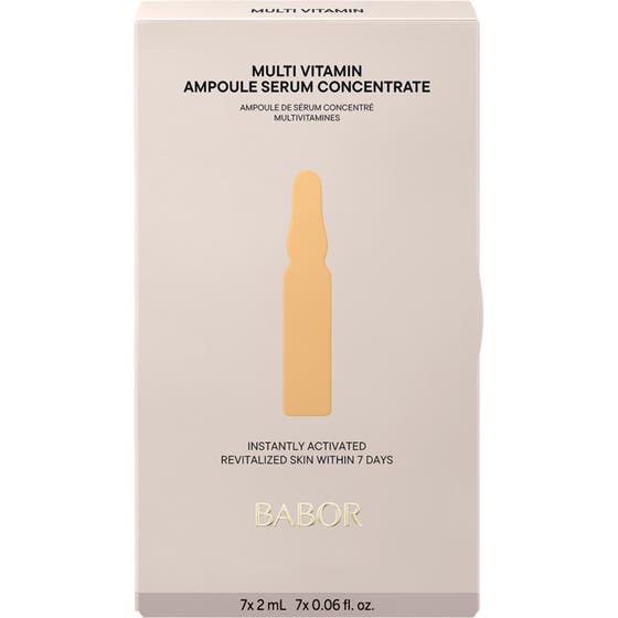 Babor Ampoule Multi Vitamin 14 ml ansiktsserum i lys beige eske med illustrasjon av en oransje ampulle