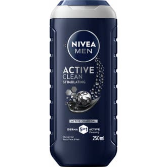 Nivea Men Active Clean 250 ml duschgel 3-i-1 för aktiva män som rengör med aktivt kol i svart flaska med silverdetaljer