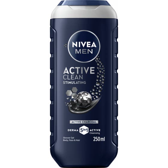 Nivea Men Active Clean 250 ml 3-i-1 shower gel med aktivt kul i sort plastflaske med sølvgråt låg
