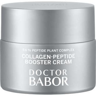 Doctor Babor Collagen-Peptide Booster Cream kiinteyttävä kasvovoide tyylikkäässä hopeanhohtoisessa purkissa.