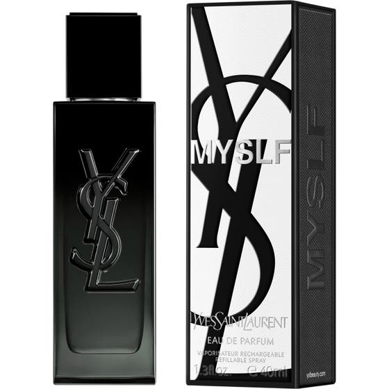 Yves Saint Laurent MYSLF Eau de Parfum 40 ml herreparfyme i sort glassflakong ved siden av esken