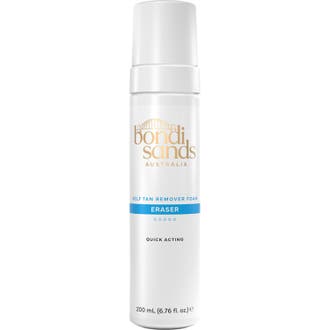 Bondi Sands Self Tan Eraser 200ml för selftan borttagning i vit pumpflaska med guldlogga och blå detaljer.