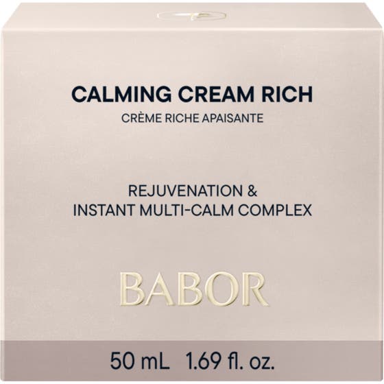 Babor Calming Cream Rich 50 ml beroligende ansiktskrem som demper rødhet i hvit eske med rosa etikett.