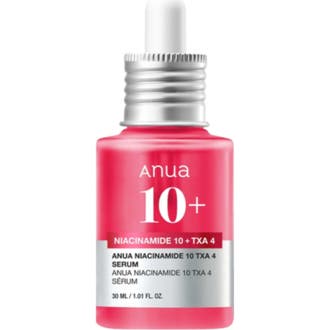 Anua Niacinamide 10% + TXA 4% Dark Spot Correcting Serum 30 ml mod pigmentpletter i glasflaske med klar rød væske.