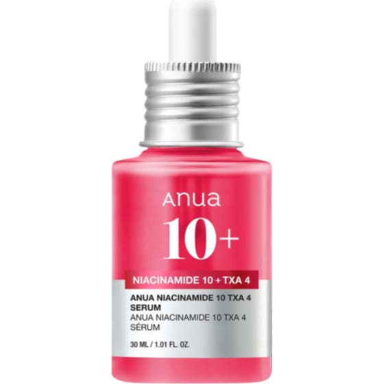 Anua Niacinamide 10% + TXA 4% Dark Spot Correcting Serum 30 ml kirkastaa ihoa pinkki seerumi kirkkaassa lasipullossa