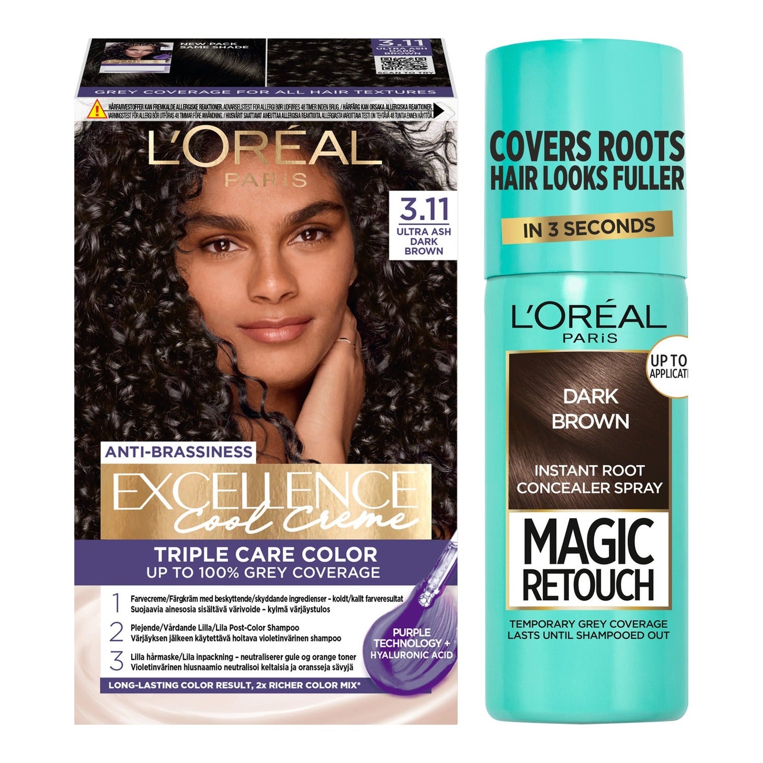 L'Oréal Paris Excellence Excellence 3.11 Ultra Ash Dark Brown + Magic Retouch Roots 2 Dark Brown