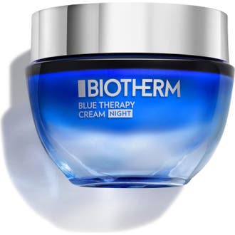 Biotherm Blue Therapy Cream Night anti-age natcreme der opstrammer huden i en mørkeblå glaskrukke med sølvlåg