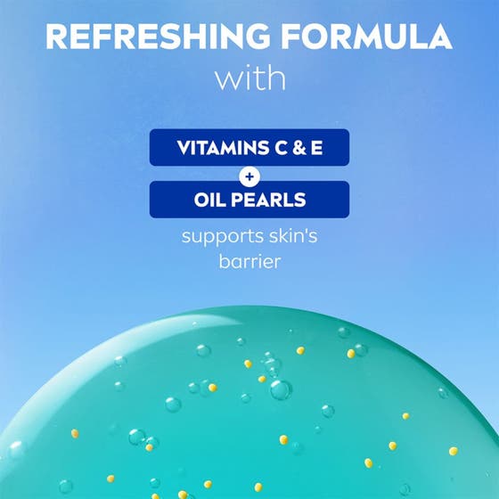 NIVEA Hawaii Flower & Oil Shower 250 ml dusjgelé med pleiende oljeperler og hvite blomsterblader på blå bakgrunn