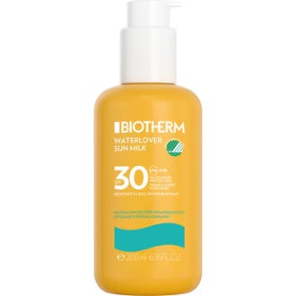 Biotherm Waterlover Sun Milk 200ml solkrem SPF 30 i gul flaske med hvit pumpe og svanemerke-logo
