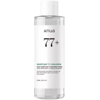 Anua Heartleaf 77% Soothing Toner 250ml lugnande ansiktsvatten i frostad plastflaska med vit etikett och vitt lock.
