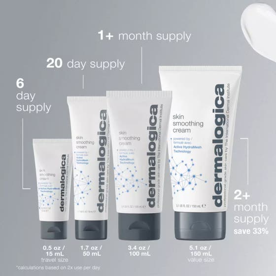 Dermalogica Skin Smoothing Cream 50 ml fuktighetsgivende ansiktskrem i hvit tube foran blå eske med 48 timers fukt