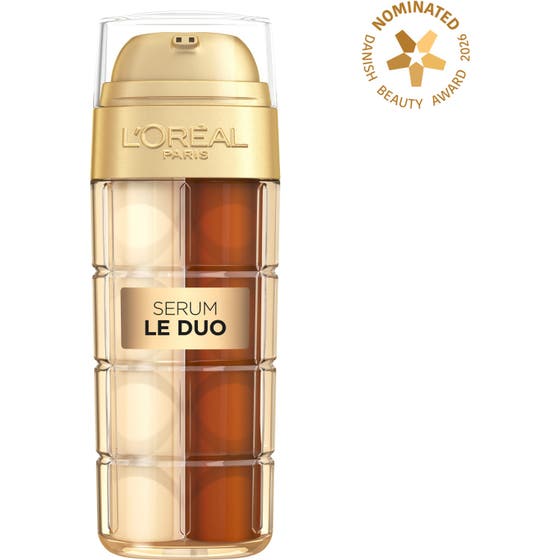L'Oréal Paris Age Perfect Le Duo 30 ml serum mot rynker i en todelt gullflaske på en silkemyk bakgrunn