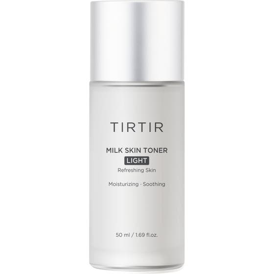 TIRTIR Milk Skin Toner Light 50 ml kosteuttava kasvovesi huurteisessa valkoisessa pullossa hopeisella korkilla